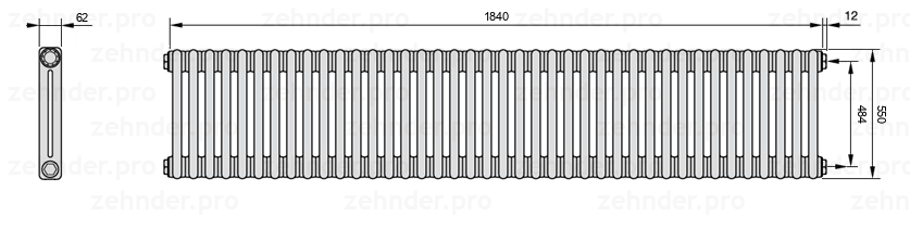 Схема (чертеж) Радиатор Zehnder Charleston 2055/40 №7610 Белый глянцевый RAL 9016